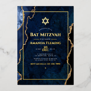 Invitación Con Relieve Metalizado Foto de Bat Mitzvah en falso ágata de color azul m