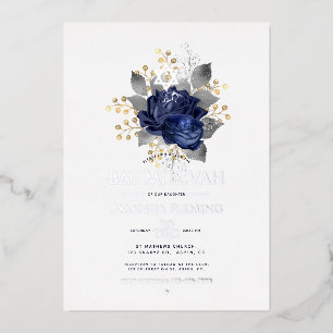 Invitación Con Relieve Metalizado Foto de Bat Mitzvah floral de color azul marino y 