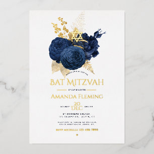 Invitación Con Relieve Metalizado Foto de Bat Mitzvah floral en azul marino y dorado