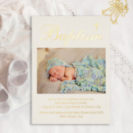 Invitación Con Relieve Metalizado Foto de Bautizo de Bebé Cruz Religiosa
