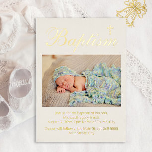 Invitación Con Relieve Metalizado Foto de Bautizo de Bebé Cruz Religiosa