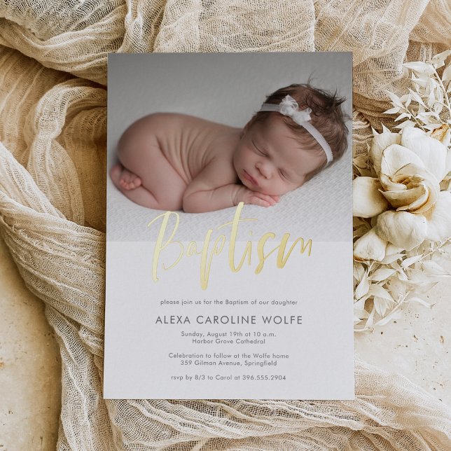 Invitación Con Relieve Metalizado Foto de Bautizo de Caligrafía Moderna Sencilla  (Subido por el creador)
