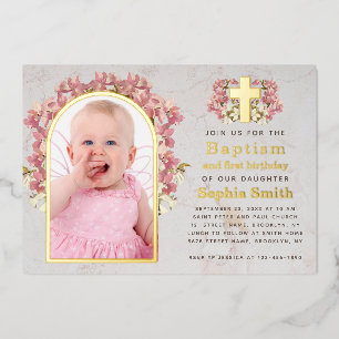 Invitación Con Relieve Metalizado Foto de Bautizo de Niña y Primer Cumpleaños con Or