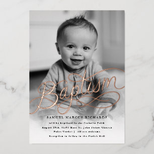 Invitación Con Relieve Metalizado Foto de bebé Bautizo Rosa Dorado