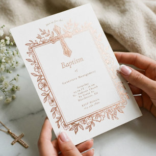 Invitación Con Relieve Metalizado Foto de bebé religiosa de cruz floral elegante par