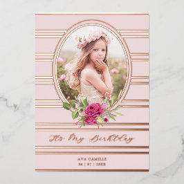 Invitación Con Relieve Metalizado Foto de Birday Luxury Pink Floral Garland