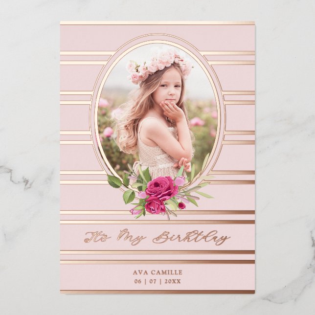 Invitación Con Relieve Metalizado Foto de Birday Luxury Pink Floral Garland (Anverso)