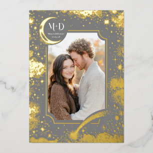 Invitación Con Relieve Metalizado Foto de boda celestial romántica de noche estrella