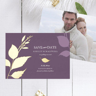 Invitación Con Relieve Metalizado Foto de Boda con Hojas de Oro Morado para Guardar 