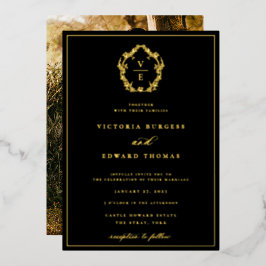 Invitación Con Relieve Metalizado Foto de boda con monograma de cresta dorada vintag