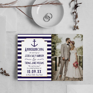 Invitación Con Relieve Metalizado Foto de boda de Ancla con raya blanca y marina náu