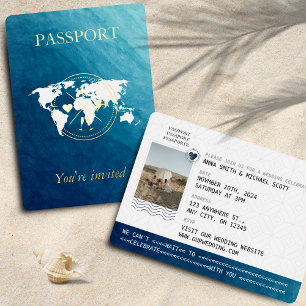 Invitación Con Relieve Metalizado Foto de boda de destino de pasaporte de océano y o