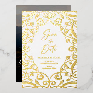 Invitación Con Relieve Metalizado Foto de boda de encaje floral de oro real