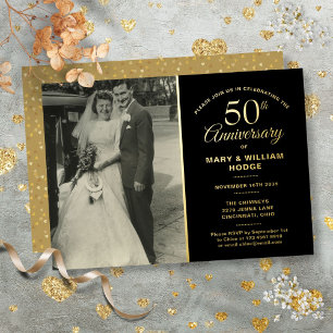 Invitación Con Relieve Metalizado Foto de boda del 50º aniversario en negro y dorado