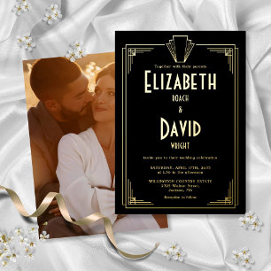Invitación Con Relieve Metalizado Foto de boda en blanco y negro Art Deco de los año