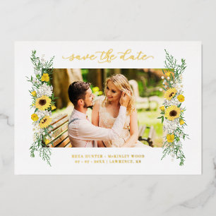 Invitación Con Relieve Metalizado Foto de Boda Girasoles Guirnalda Chic Primavera