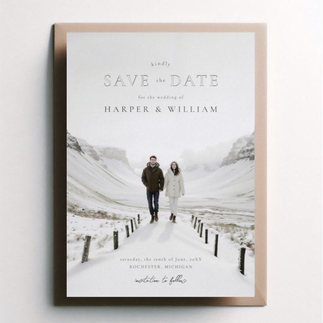 Invitación Con Relieve Metalizado foto de boda invernal para guardar la fecha (Save the date in silver foil on your own background photo)