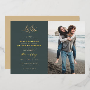 Invitación Con Relieve Metalizado Foto de boda minimalista de rama de sepia y azul t