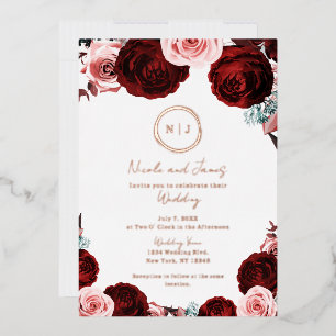 Invitación Con Relieve Metalizado Foto de Boda Moderna Glam con Flores Rosadas y Roj