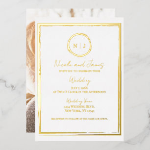 Invitación Con Relieve Metalizado Foto de boda moderna glamurosa dorada con borde de