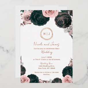 Invitación Con Relieve Metalizado Foto de boda moderna glamurosa floral rosa y negra