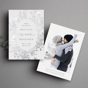 Invitación Con Relieve Metalizado Foto de boda para guardar la fecha con silueta de