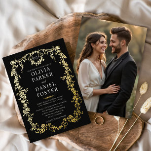 Invitación Con Relieve Metalizado Foto de boda victoriana francesa en dorado