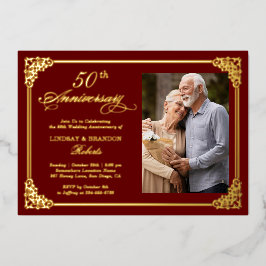 Invitación Con Relieve Metalizado Foto de boda y aniversario con marco de oro rojo r
