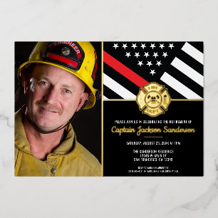 Invitación Con Relieve Metalizado Foto de Bombero Jubilado Línea Roja Fina Bombero