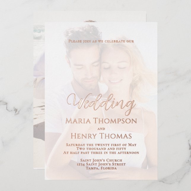 Invitación Con Relieve Metalizado Foto de caligrafía simple de escritura negra Minim (Anverso/Reverso)