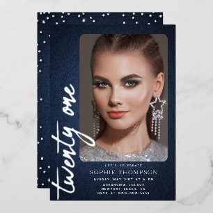 Invitación Con Relieve Metalizado Foto de cumpleaños 21 de Glam Denim Diamonds Blue