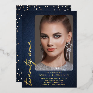 Invitación Con Relieve Metalizado Foto de cumpleaños 21 Glam Denim Diamonds Azul Oro