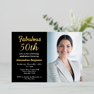 Invitación Con Relieve Metalizado Foto de cumpleaños 50 fabuloso negro oro