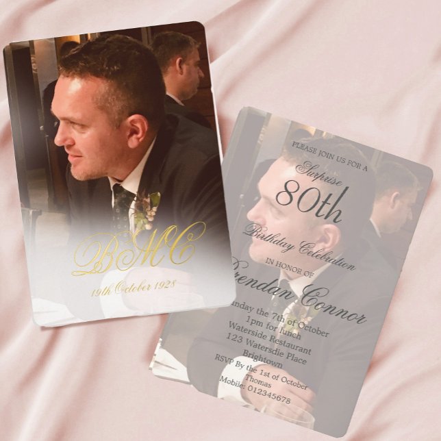 Invitación Con Relieve Metalizado Foto de cumpleaños 80 masculino elegante (Subido por el creador)