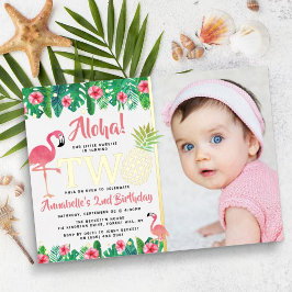 Invitación Con Relieve Metalizado Foto de cumpleaños número 2 de niña en luau de pla