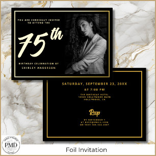 Invitación Con Relieve Metalizado Foto de cumpleaños número 75 negro elegante dorado