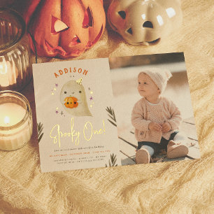 Invitación Con Relieve Metalizado Foto de cumpleaños número uno de Halloween Spooky 