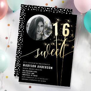 Invitación Con Relieve Metalizado Foto de cumpleaños Sweet 16 en negro y blanco con 