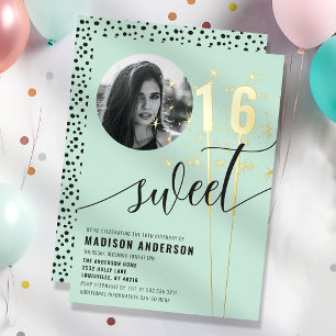 Invitación Con Relieve Metalizado Foto de cumpleaños Sweet 16 en Verde Menta Brillan