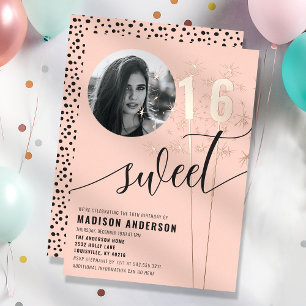 Invitación Con Relieve Metalizado Foto de cumpleaños Sweet 16 Peach Sparkler