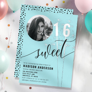 Invitación Con Relieve Metalizado Foto de cumpleaños Sweet 16 Turquesa Sparkler