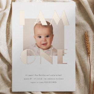 Invitación Con Relieve Metalizado Foto de cumpleaños uno Rose Gold