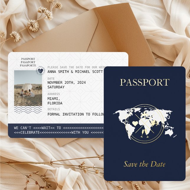 Invitación Con Relieve Metalizado Foto de destino de Navy Gold Passport Guardar fech (Passport Save the Date with Photo Navy Blue & Gold Foil Destination Wedding Boarding Pass)