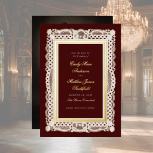Invitación Con Relieve Metalizado Foto de Encaje de Papel Vintage Boda Guardar Fecha