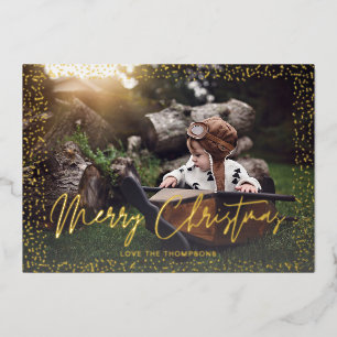 Invitación Con Relieve Metalizado Foto de Feliz Navidad con confeti dorado