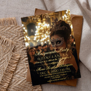Invitación Con Relieve Metalizado Foto de Fiesta de mascarada Quinceanera