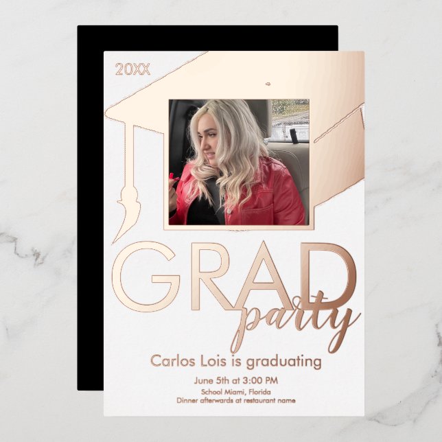 Invitación Con Relieve Metalizado Foto de Fiesta de tapón de graduación presionada (Anverso/Reverso)