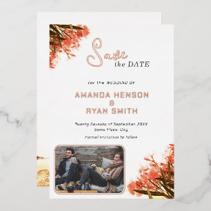 Invitación Con Relieve Metalizado Foto de Flor de Adelfa Naranja Boda Save the Date