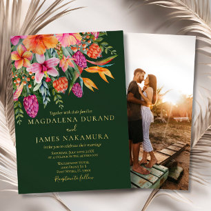 Invitación Con Relieve Metalizado Foto de Flores Coloridas Tropicales Boda Verde