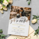 Invitación Con Relieve Metalizado Foto de Gossamer Overlay Foto de QR Oro Boda infor<br><div class="desc">Invitación informal a la boda fotográfica con usted está escrita en una hermosa caligrafía a través de un transparente salpicón de acuarelas decorando su foto. Añade otra foto a la parte posterior de la invitación de la boda junto con un código qr que puedes reemplazar con el tuyo propio, los...</div>
